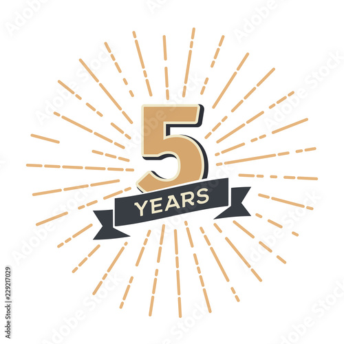 Five years anniversary retro vector emblem isolated template. Vintage logo fifth 5th years with ribbon and fireworks on white background