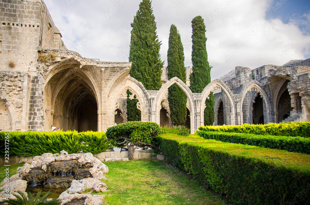 Fototapeta premium Ruins of Bellapais Abbey monastery in Kyrenia Girne, Northern Cyprus