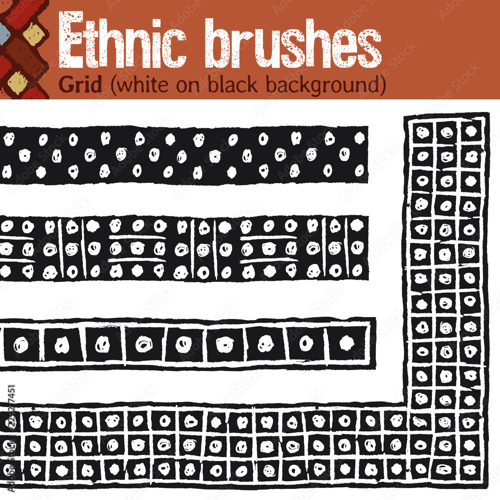 Grid (white on black background). 4 pattern brushes for Illustrator in tribal style, made from hand-drawn drawings. All brushes include outer and inner corner tiles. Grid (white on black background). 4 pattern brushes for Illustrator in tribal style, made from hand-drawn drawings. All brushes include outer and inner corner tiles.