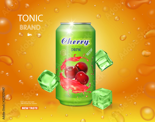 Cherry cold drink. Metal can with juice splash advertising banner 3d vector realistic illustration