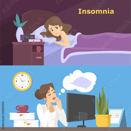 Stressed woman suffering from the insomnia set.