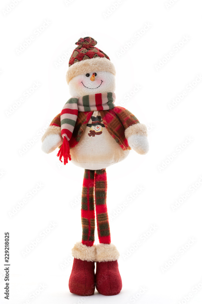 long-legged snowman in a fur hat and scarf, in a jacket and red boots on a white background. Concept of winter, christmas and new year. long-legged snowman in a fur hat and scarf, in a jacket and red boots on a white background. Concept of winter, christmas and new year.