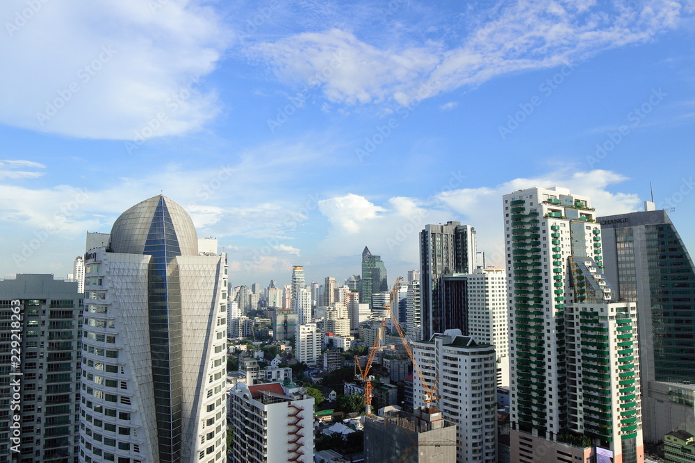 Fototapeta premium Bangkok, Thailand - 30 October, 2018:The city escape sky view from MRT Sukumbit, office building, condominiums and hotels in business area around sukhumvit road, in afternoon