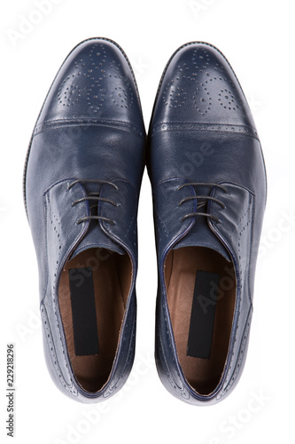 blue classic leather men's shoes, top view, on a white background, a pair of shoes, isolate