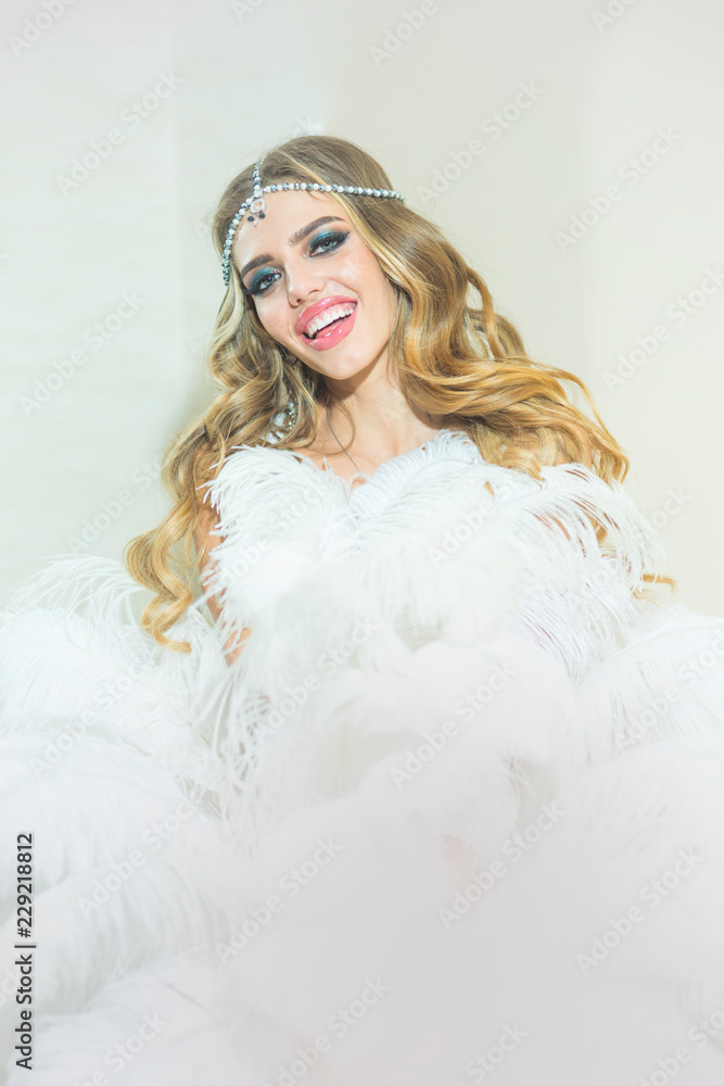 Happy girl in fashion wear. Cover girl smile with long curly hair with stylish look. The red carpet beauty Happy girl in fashion wear. Cover girl smile with long curly hair with stylish look. The red carpet beauty