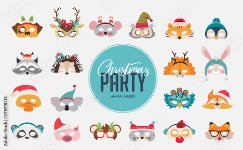 Fototapeta Naklejka Na Ścianę i Meble -  Collection of winter animal masks and Christmas photo booth props for kids. Cute cartoon masks and elements for a party. Christmas party banner template. vector illustration