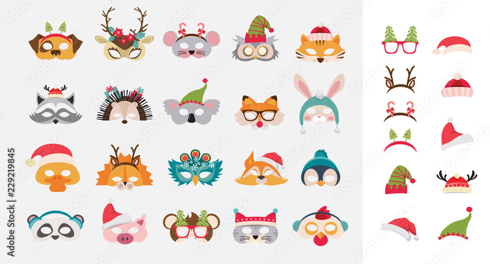 Collection of winter animal masks and Christmas photo booth props for kids.  Cute cartoon masks and elements for a party. Christmas party banner  template. vector illustration Stock Vector | Adobe Stock