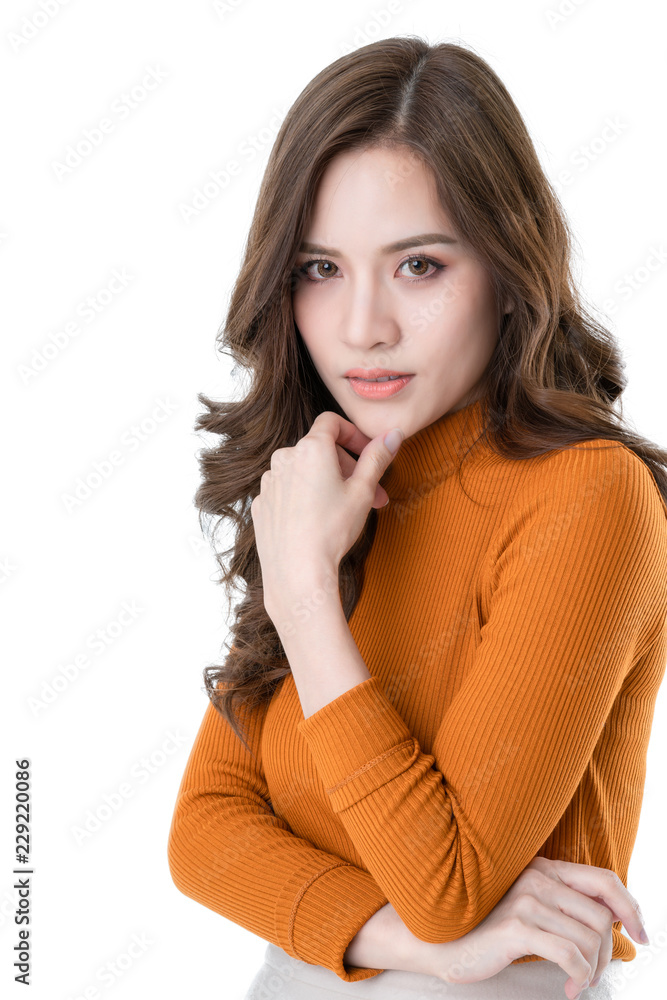 beautiful attractive elegance asian woman in brown dress face model pose on studio photo shoot isolate white background beautiful attractive elegance asian woman in brown dress face model pose on studio photo shoot isolate white background