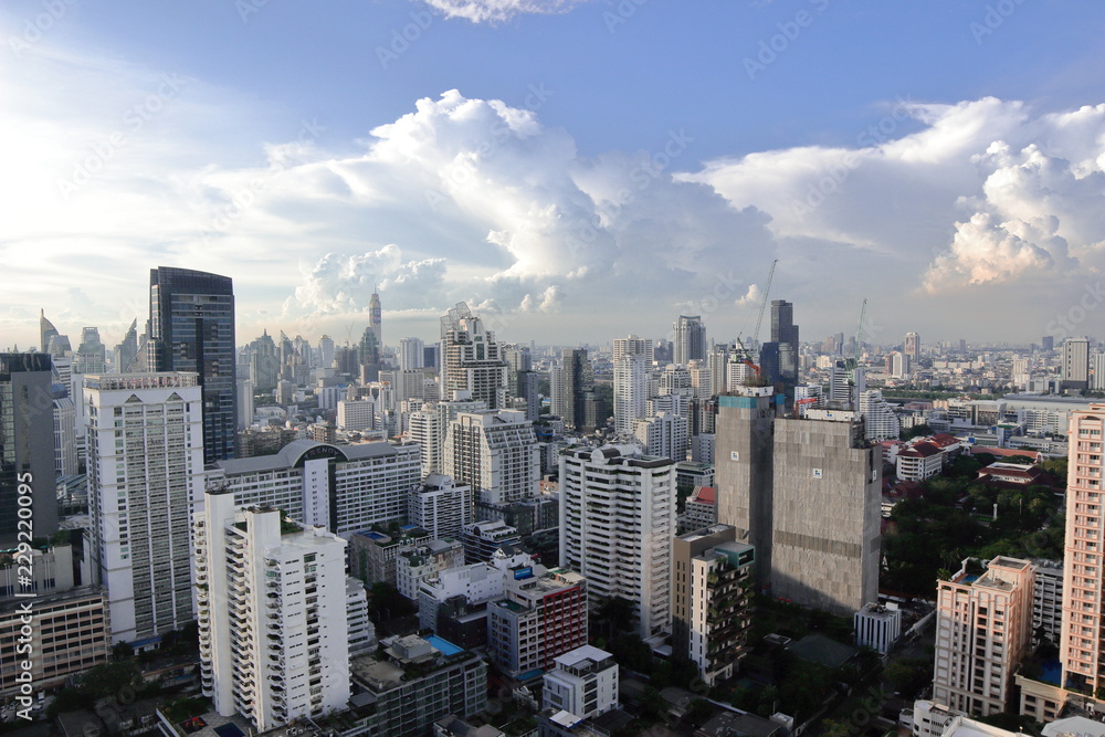 Bangkok, Thailand - 30 October, 2018:The city escape sky view from  MRT Sukumbit, office building, condominiums and hotels in business area around sukhumvit road, in afternoon