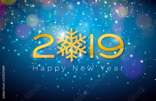 2019 Happy New Year illustration with shiny gold number and snowflake on blue background. Holiday design for flyer, greeting card, banner, celebration poster, party invitation or calendar.