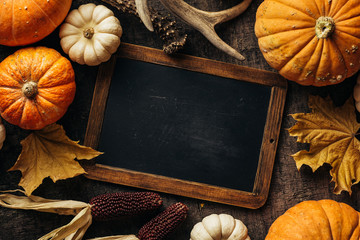 Vintage chalkboard for your message and Autumn background with festive decoration.
