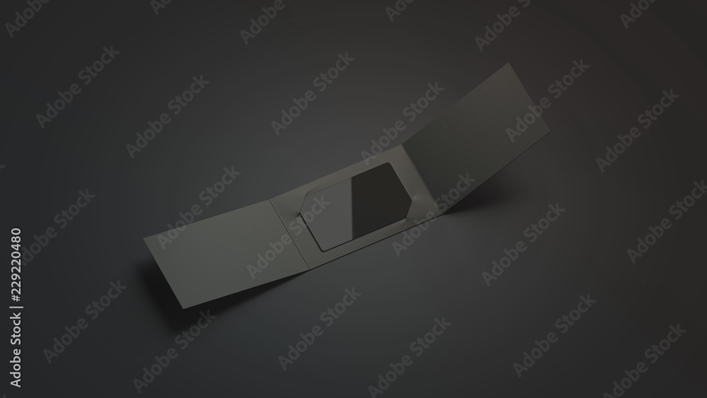Blank black plastic card mockup inside opened paper booklet holder