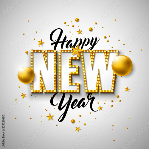2019 Happy New Year illustration with 3d typography lettering, and Christmas ball on white background. Holiday design with shiny bright lights for flyer, greeting card, banner, celebration poster