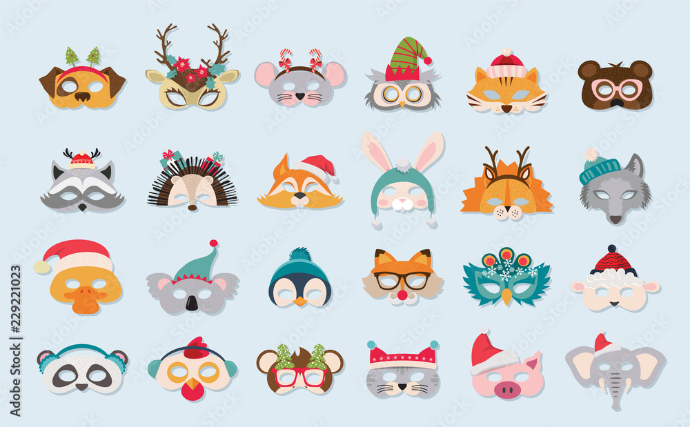 Fototapeta premium Collection of winter animal masks and Christmas photo booth props for kids. Cute cartoon masks and elements for a party. vector illustration
