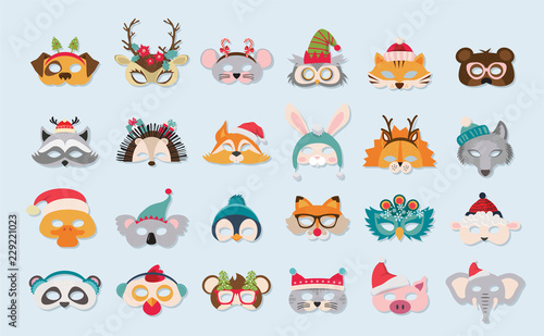 Collection of winter animal masks and Christmas photo booth props for kids. Cute cartoon masks and elements for a party. vector illustration
