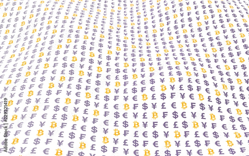 Bitcoin and currency on a white background. Digital crypto symbol. Market fluctuations, wave effect. Business concept. 3D illustration Bitcoin and currency on a white background. Digital crypto symbol. Market fluctuations, wave effect. Business concept. 3D illustration