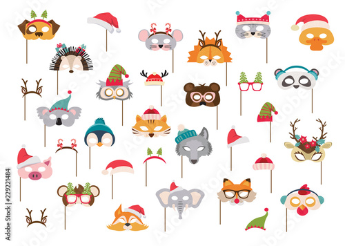 Collection of winter animal masks and Christmas photo booth props for kids. Cute cartoon masks and elements for a party. Christmas party banner template. vector illustration