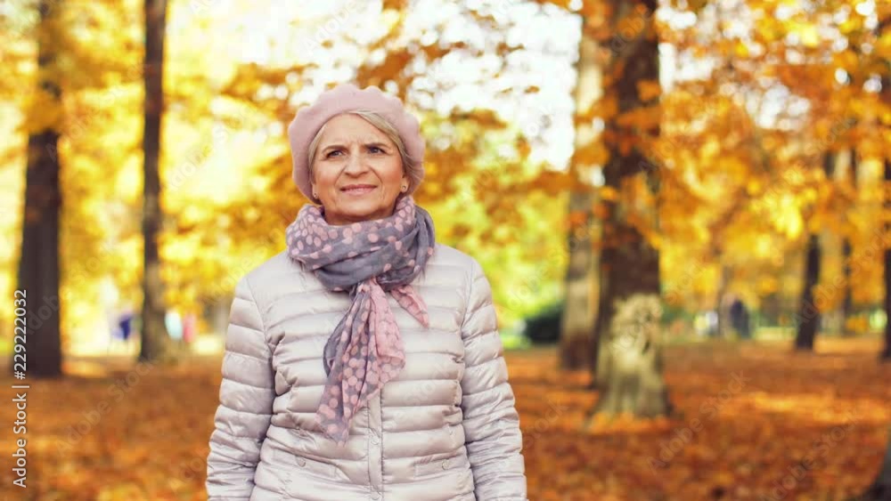 old age, retirement and season concept - happy senior woman walking along autumn park old age, retirement and season concept - happy senior woman walking along autumn park