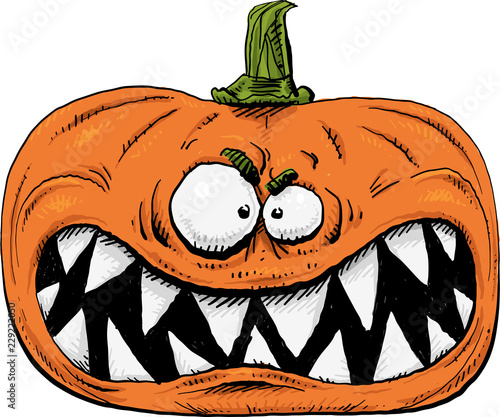 A growling, cartoon pumpkin face with sharp, dangerous teeth.