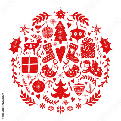 Christmas toy ball. Red decor folk scandinavian nordic style. Lots decorative elements compose in circle: gift box, socks, tree, angel, star, ball, bird and floral elements. Holiday poster, greeting c