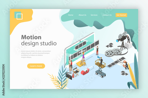Isometric flat vector landing page template for motion design studio, video editor app, creating video online.