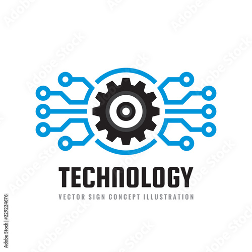 Technology - concept business logo template vector illustration. Globe world and gear symbols. Cogwheel mechanic sign. Computer network SEO icon. Graphic design element. 