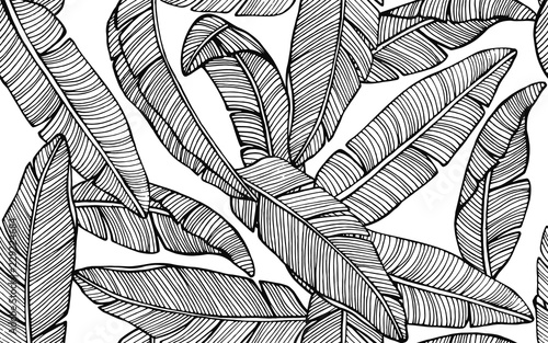 Seamless tropical pattern with banana leaves. Hand drawn vector illustration