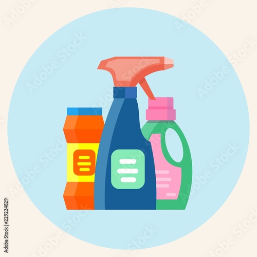 cleaning equipment isolated. Colored plastic bottles with Detergent isolated on background . Stock flat vector illustration. Set.