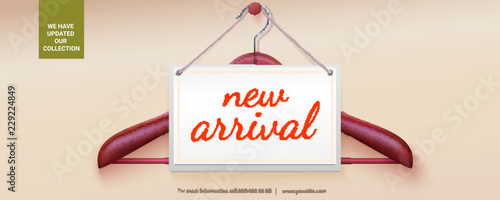 New arrival. Wide poster with hanger of clothes and tag. Message about the new delivery of the goods. Updated collection. Vector 3d illustration, eps10 file