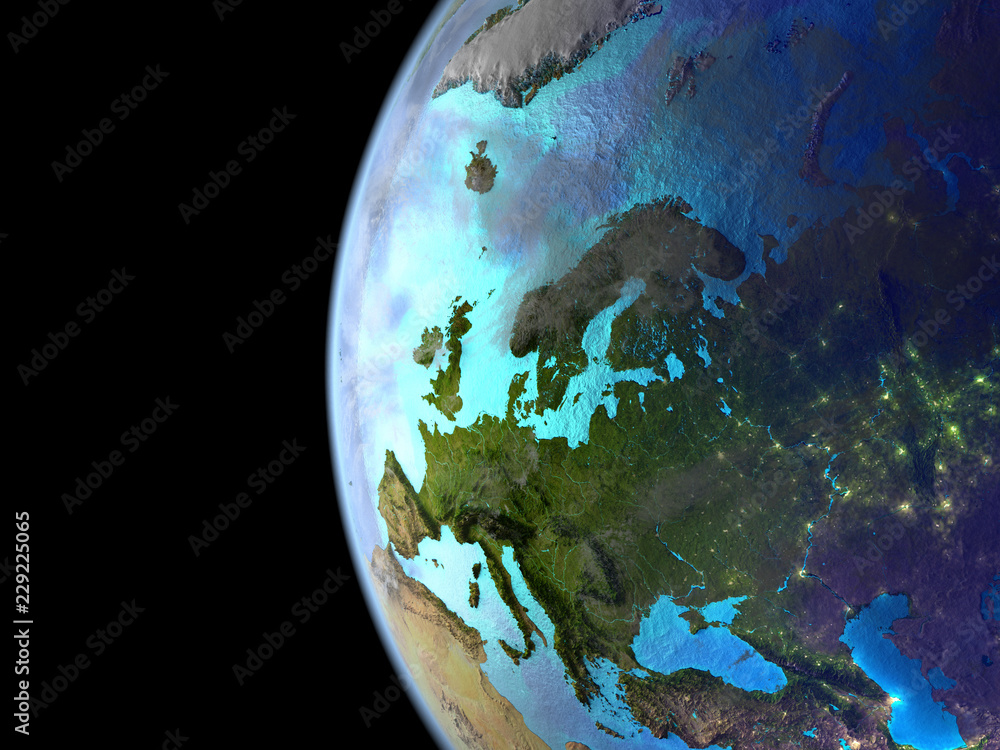 Fototapeta premium Europe on extremely high detailed beautifully textured 3D model of Earth with city lights.