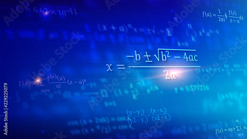 Mathematical formulas floating in perspective. Abstract blue background with Math equations on blackboard. Vector 3D illustration. Symbol of study exact Sciences.
