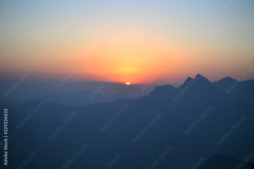 Beautiful sunrise at New Year on Huashan Mountain, Shaanxi, China