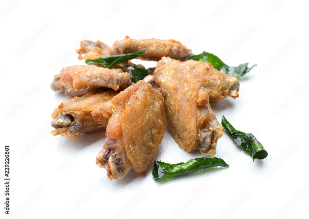 Fried chicken wings and crispy garlic isolated on white background Fried chicken wings and crispy garlic isolated on white background