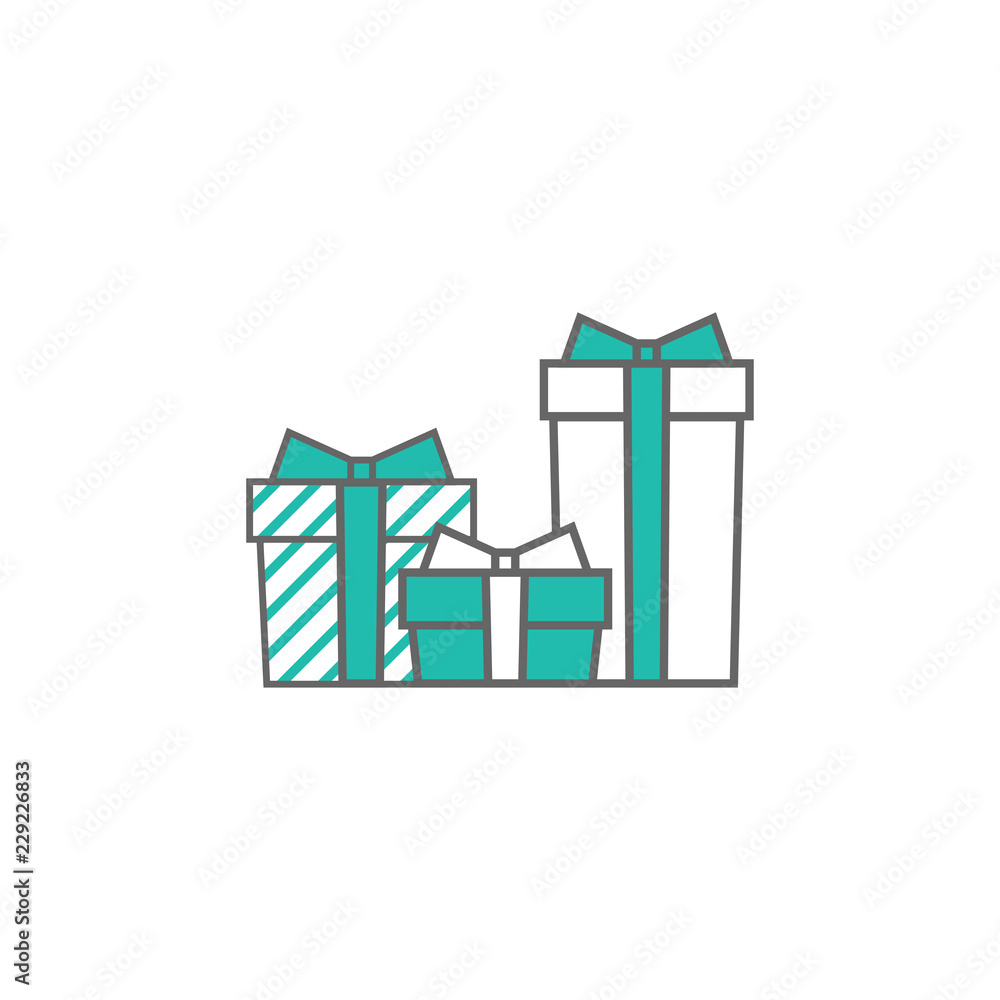 three turquoise and white present box with ribbon and bow. simple icon isolated on white background. three turquoise and white present box with ribbon and bow. simple icon isolated on white background.