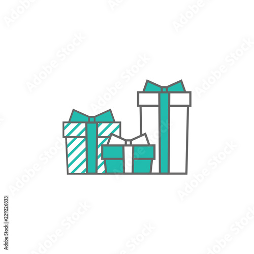 three turquoise and white present box with ribbon and bow. simple icon isolated on white background.