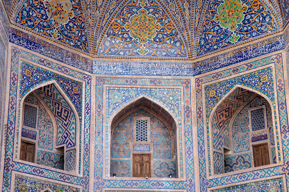 Details of mosaic tiles on balcony, The Registan, Samarkand, Uzbekistan
