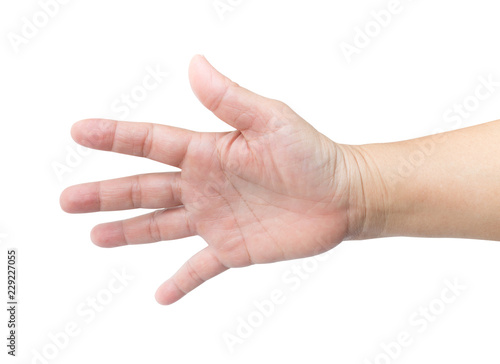 Female hand and fingers showing number five isolated on white