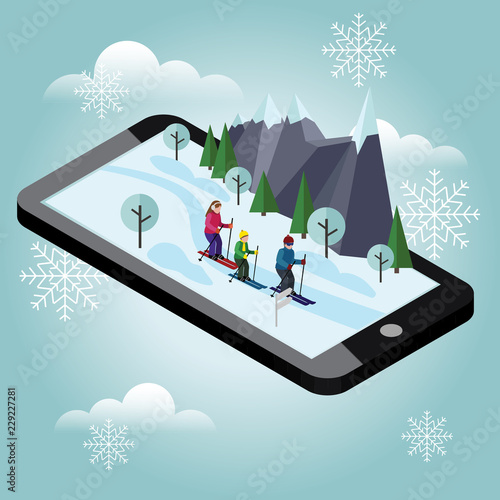 Isometric happy family skiing. Mobile navigation. Videos and photos keeped in phone memory. Cross country skiing, winter sport. Olimpic games, recreation lifestyle, activity speed extreme