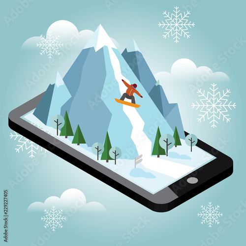 Isometric vector man pulls off the mountain. Mobile navigation. Videos and photos keeped in phone memory. Snowboarding, winter sport. Olimpic games, recreation lifestyle, activity speed extreme