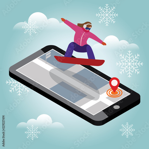 Isometric vector woman has boarding in city. Urban style and hot tricks in park. Videos and photos keeped in phone memory. Snowboarding, winter sport. Olimpic games, activity speed extreme