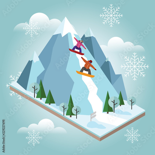 Isometric vector man and woman pull off the mountain. Snowboarding, winter sport. Olimpic games, recreation lifestyle, activity speed extreme