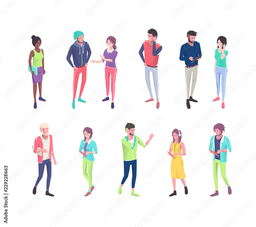 Set of isometric people with different gadgets.