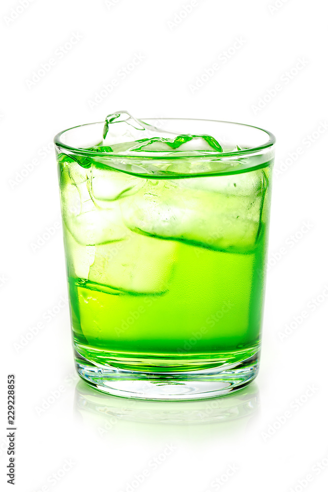 green drink with ice cubes on white background green drink with ice cubes on white background