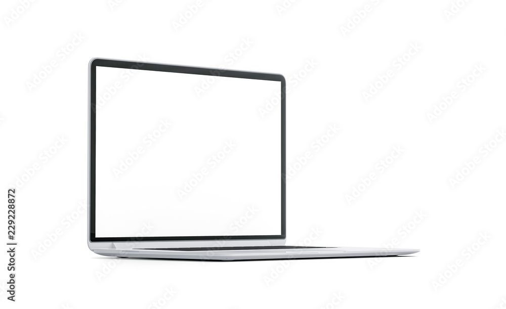 Blank white laptop screen mock up, isolated, side view, 3d rendering. Empty pc monitor mock up. Clear modern computer template. Personal lcd display for network. Blank white laptop screen mock up, isolated, side view, 3d rendering. Empty pc monitor mock up. Clear modern computer template. Personal lcd display for network.