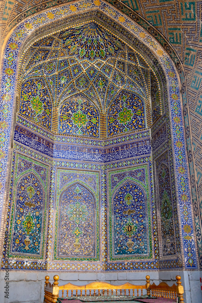 Bench in courtyard, Shir Doh Madrasa, The Registan, Samarkand, Uzbekistan