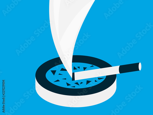 Cigarette in the ashtray and smoke. Flat style, noir. Vector illustration