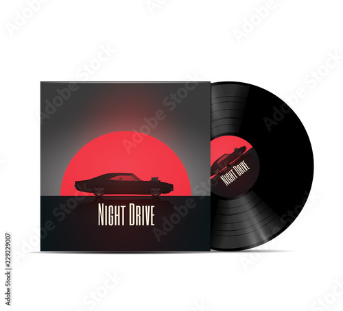 Night Drive Music Playlist Cover Design. Vinyl Disc Cover Design. Vector Illustration.