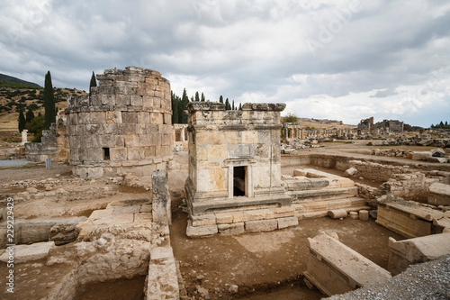 Ruins of the largest antique necropolis in city Hierapolis in terrain of Turkey