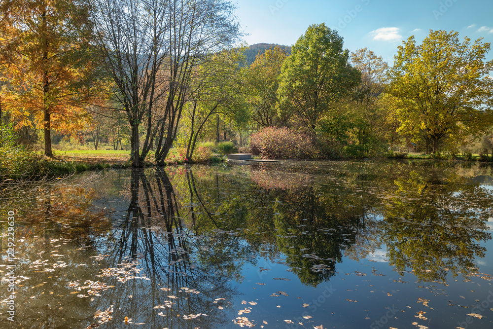 Teich im Kurpark in Saalhausen im Herbst