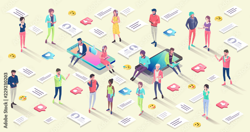 Isometric concept with mobile phone, people and push notification. Isometric concept with mobile phone, people and push notification.